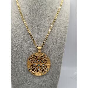 Vintage Gold Tone Blue Rhinestone Oval Pendant Necklace 30 Inch Chain
